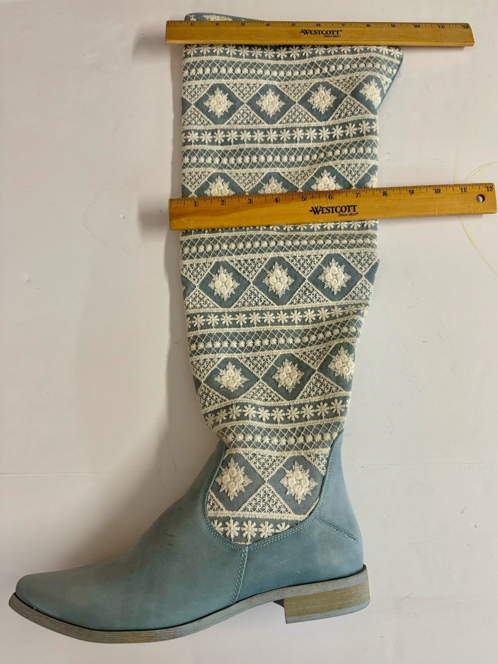 NWB Free People Bren Crochet Tall Leather Slouchy Boots in Icy Blue.Size 10 - Picture 10 of 12